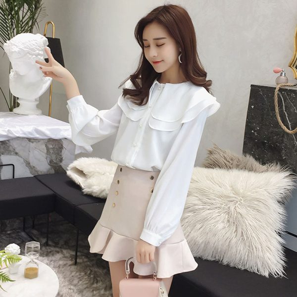 Sweet lotus leaf collar chiffon solid color top loose design Sale