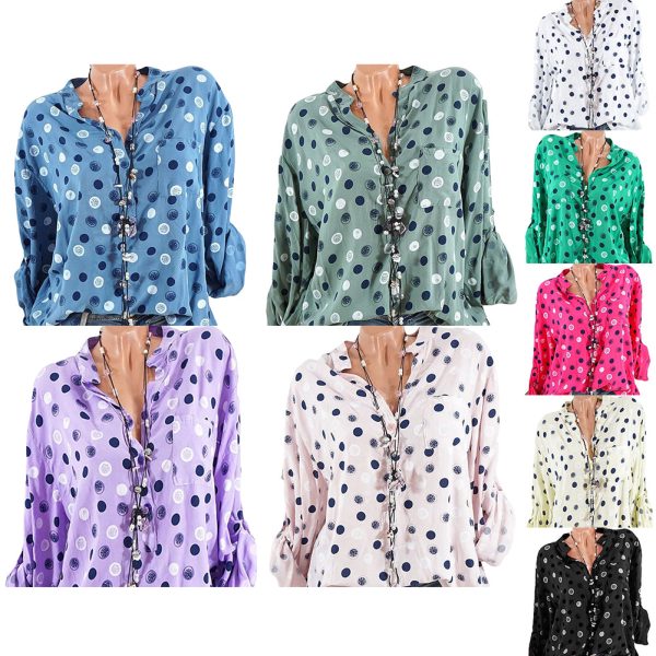 Leisure Dots Printed Loose Roll Up Sleeve Summer Women Blouse Breathable Shirt Discount