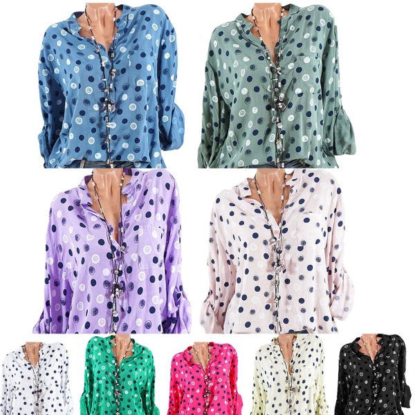 Leisure Dots Printed Loose Roll Up Sleeve Summer Women Blouse Breathable Shirt Discount