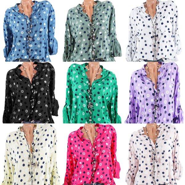 Leisure Dots Printed Loose Roll Up Sleeve Summer Women Blouse Breathable Shirt Discount