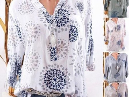 Fashion Printed V-neck Long Sleeve Casual Loose Spring Summer Women Blouse Top on Sale