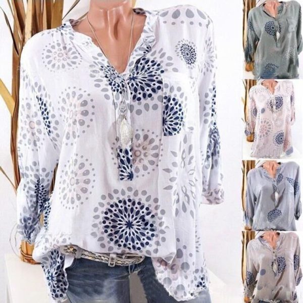 Fashion Printed V-neck Long Sleeve Casual Loose Spring Summer Women Blouse Top on Sale