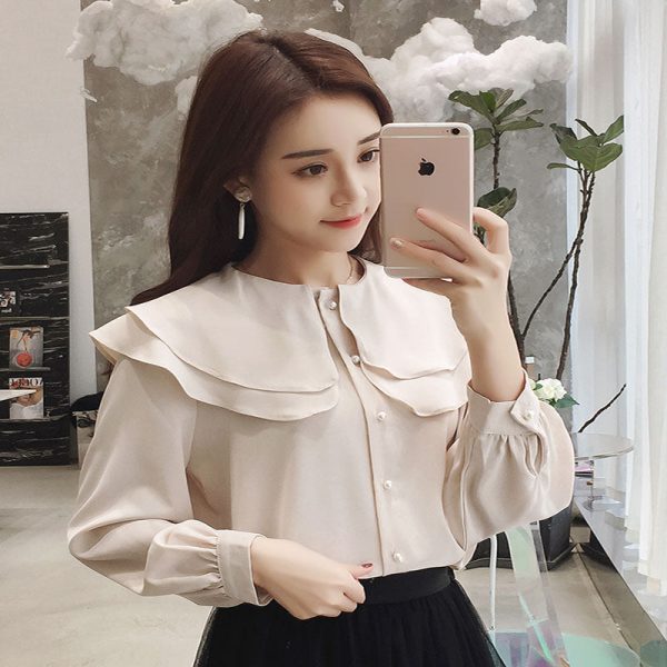 Sweet lotus leaf collar chiffon solid color top loose design Sale