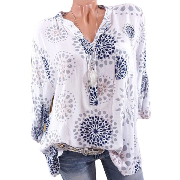 Fashion Printed V-neck Long Sleeve Casual Loose Spring Summer Women Blouse Top on Sale