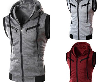 Men s Fashion Sports Drawstring Hooded Zipper Slim Fit Vest Waistcoat Outerwear Online now