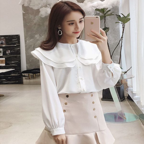 Sweet lotus leaf collar chiffon solid color top loose design Sale